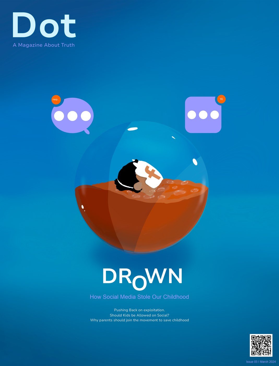 Dot magazine cover, Shackled by Likes: a figure whose legs are chained to a smartphone, on red