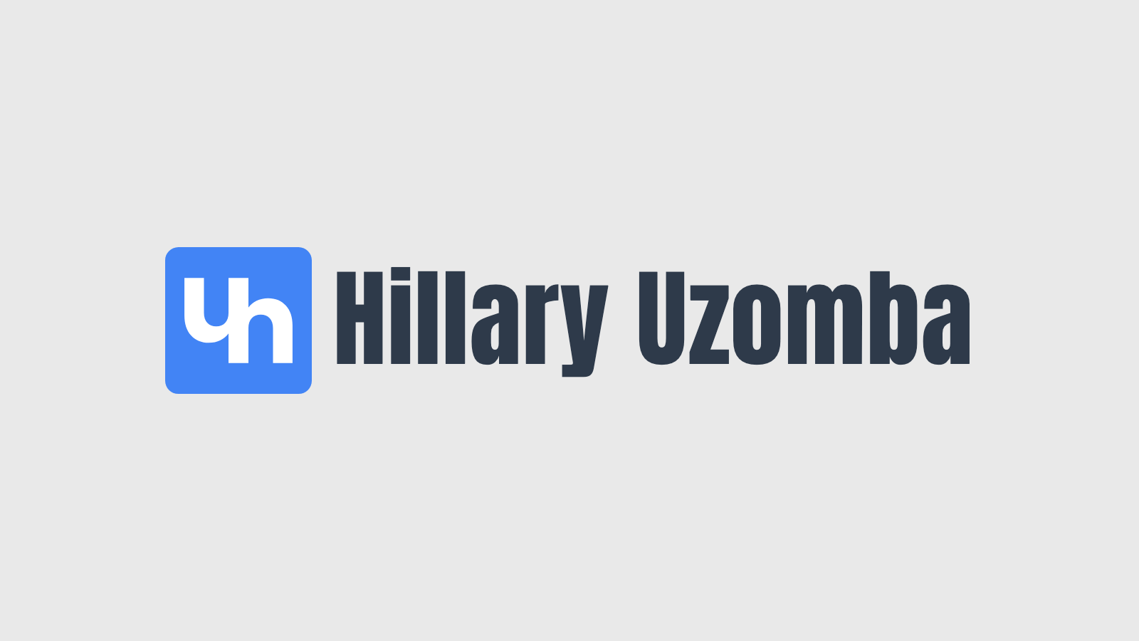 The Hillary Uzomba lockup: a blue square with the letters u and h cut out, beside the name in Anton
