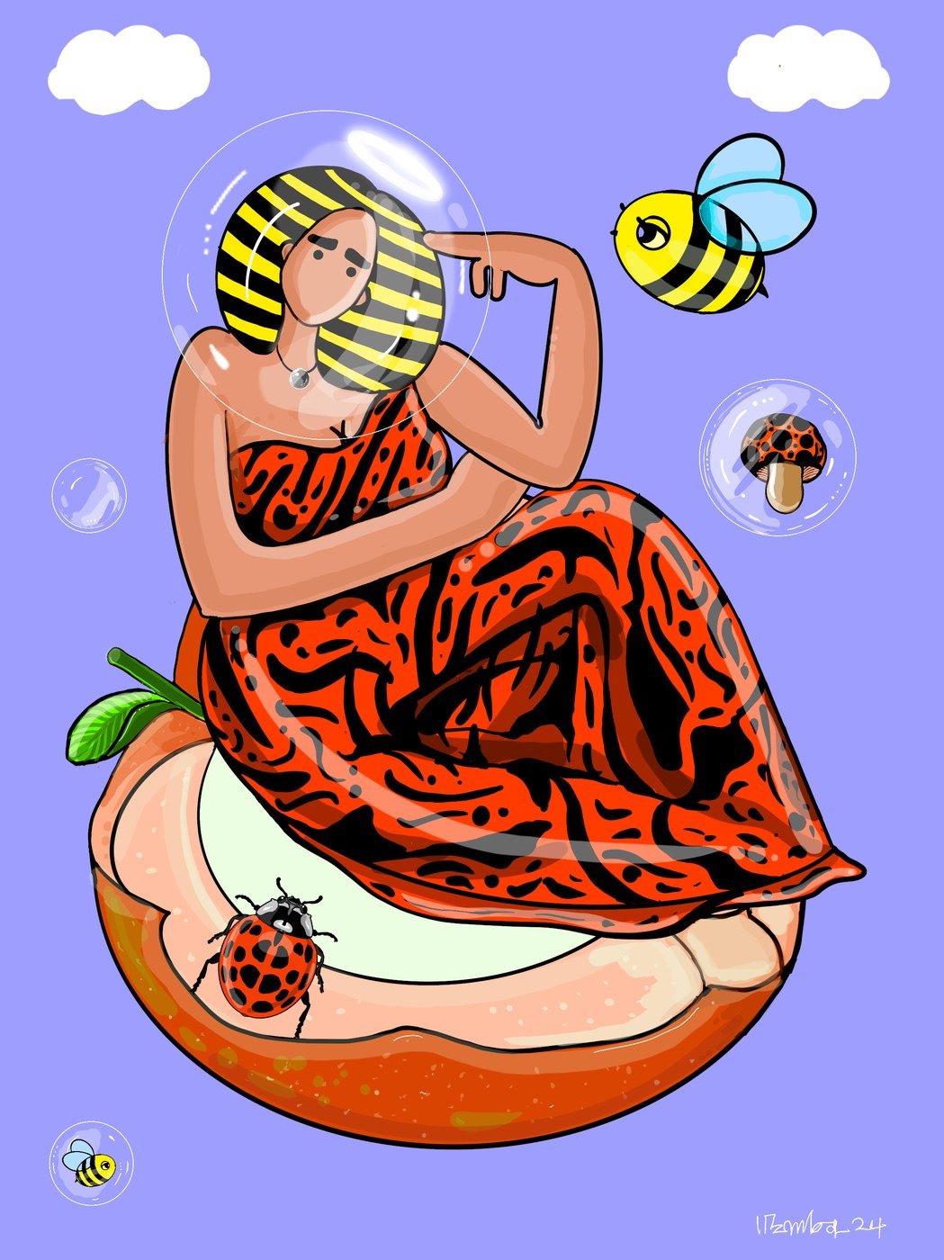 Be You: a woman in a patterned dress sitting on a slice of fruit, a bee overhead