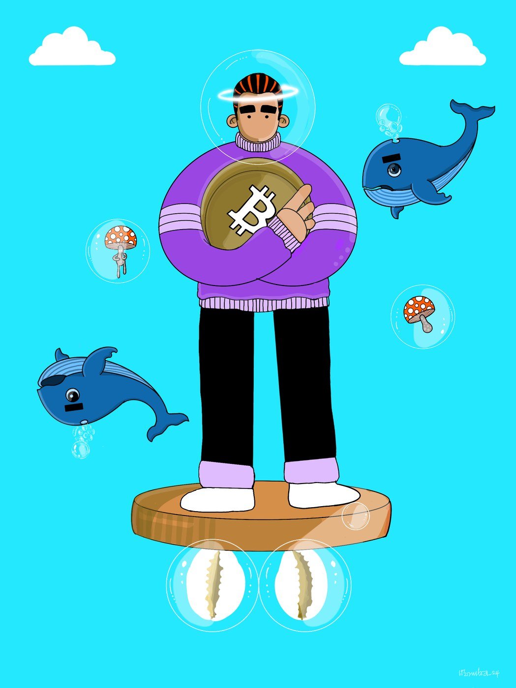 Immutable Treasure: a figure holding a gold coin to the chest, whales and mushrooms floating in bubbles