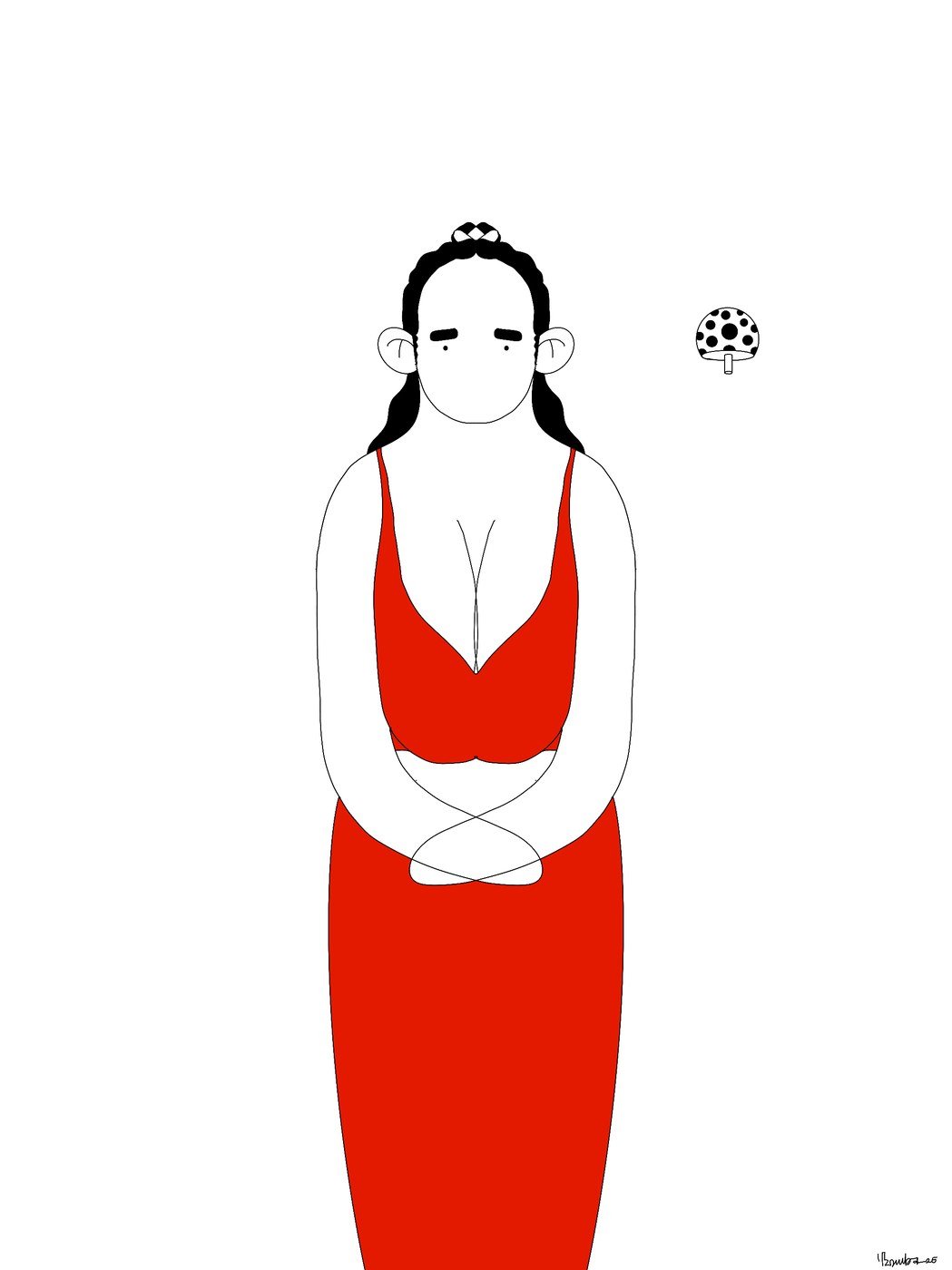 Lady on red: a line drawing of a woman in a red dress on white