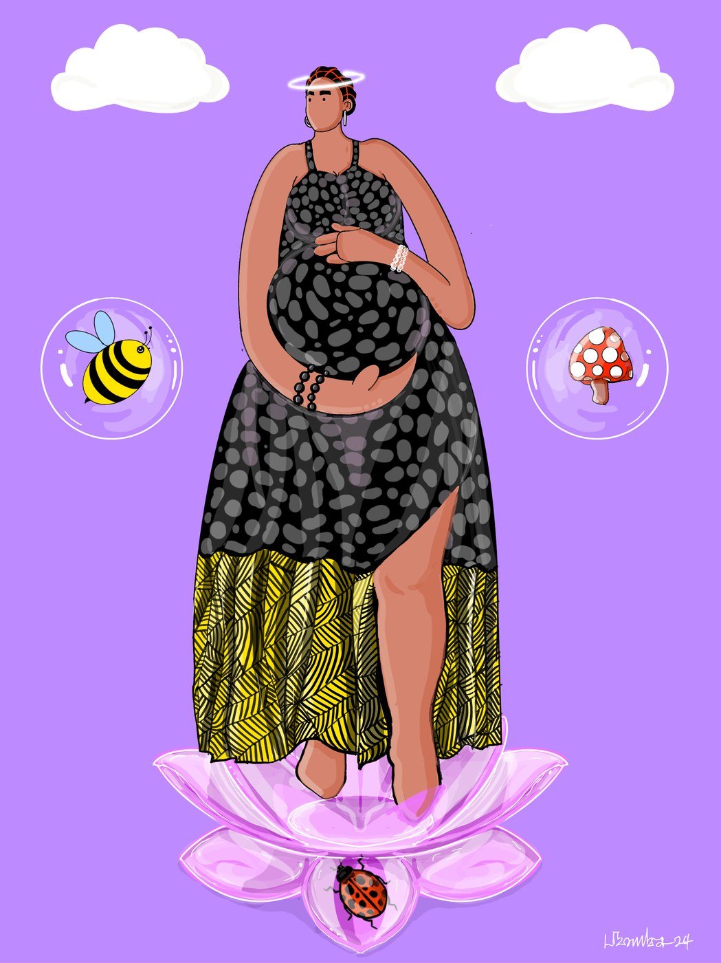 Lotus Emergence: a woman standing on an open lotus, a bee and mushrooms floating around her