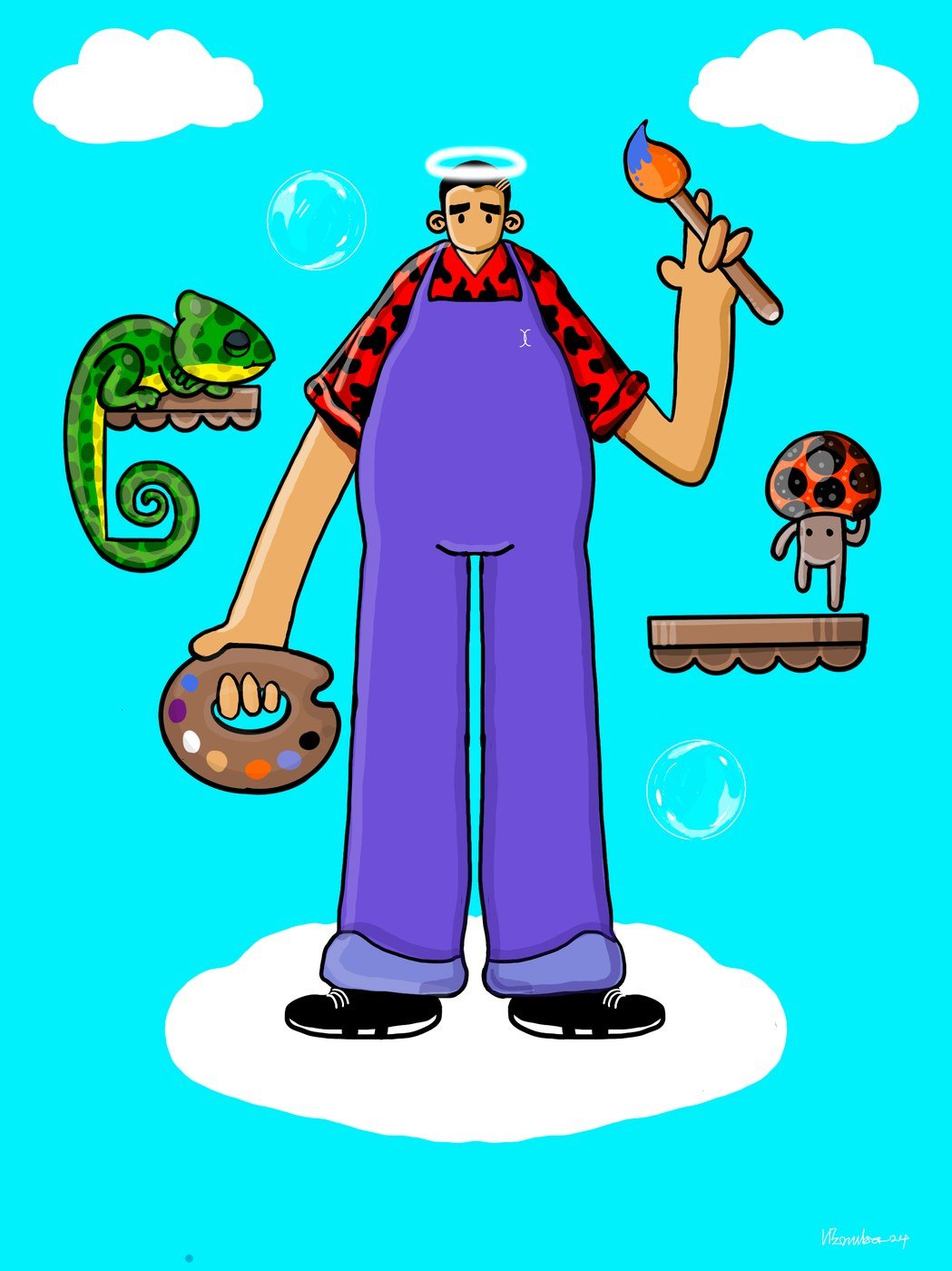 Player 1: a figure in overalls holding a palette and brush, a chameleon on the arm