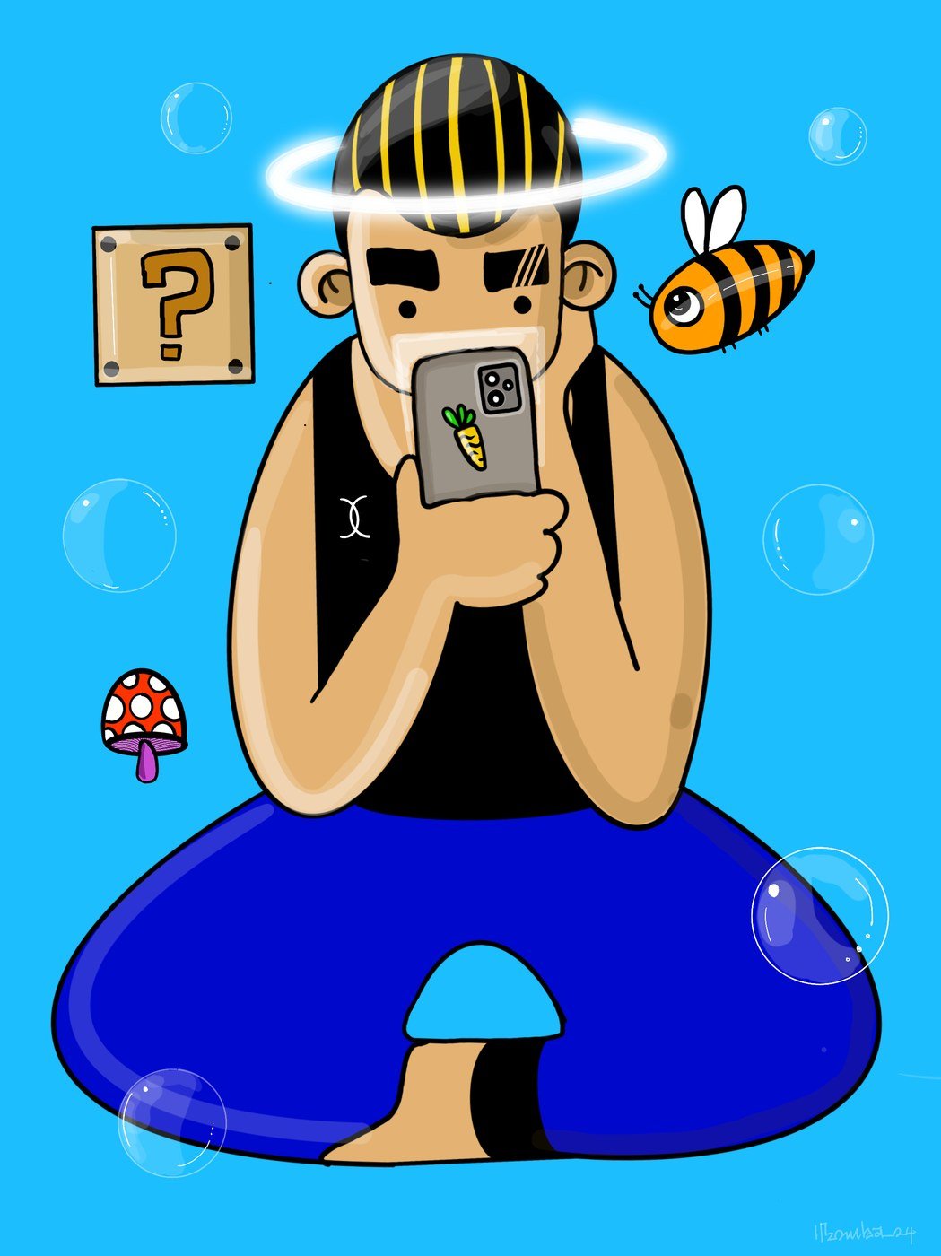 Social Game: a figure with a halo bent over a phone, a question block and a bee beside