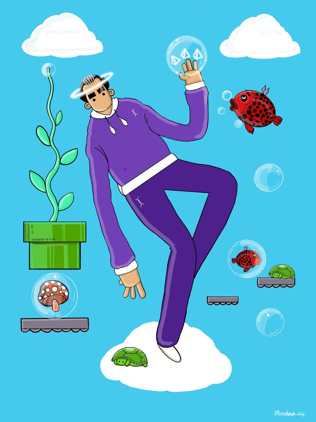 Touching Essence: a figure in purple reaching for a bubble, a fish and a plant floating past