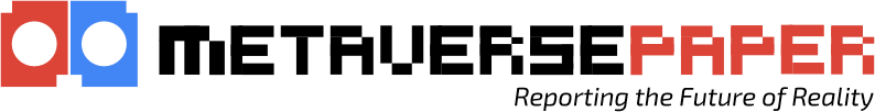 The 2023 MetaversePaper logo: two lens squares beside a pixel wordmark