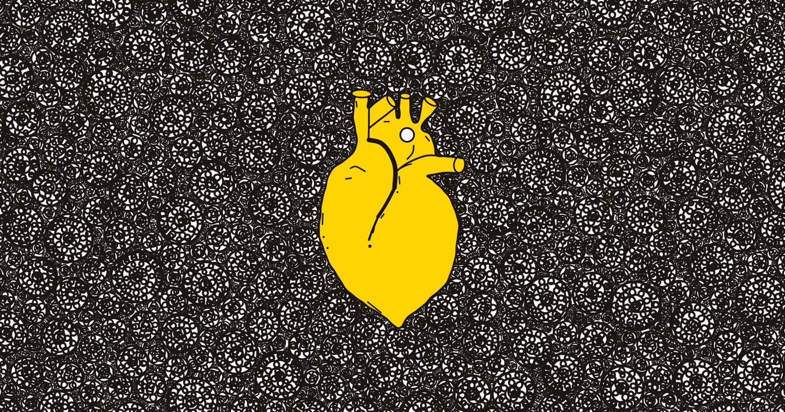 A yellow heart on a black and white field of revolving circles