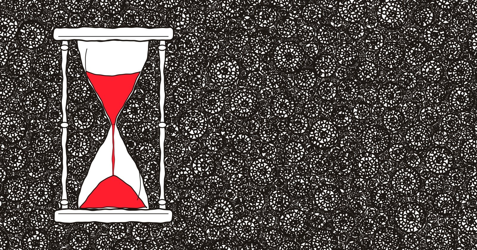 A sand timer with red sand on a black and white field of revolving circles